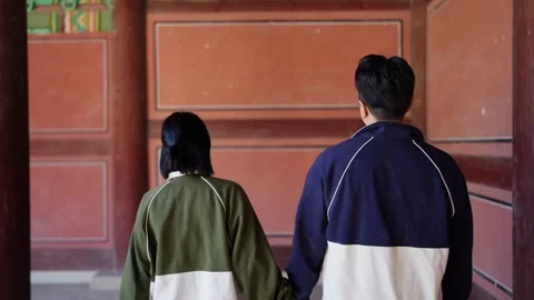 A young couple wearing jerseys is taking a walk in a park with historical Stock Footage 292494294