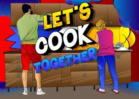 Young couple working in kitchen. Let`s cook together. Man in the kitchen help Stock Illustration