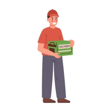 A young courier delivers an order to the client s house. Cartoon vector illus Stock Illustration
