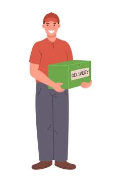 A young courier delivers an order to the client s house. Cartoon vector illus Stock Illustration