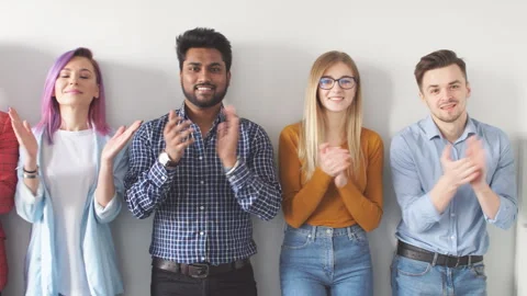 Young creative people applauding to speaker at modern office Stock Footage 112052178