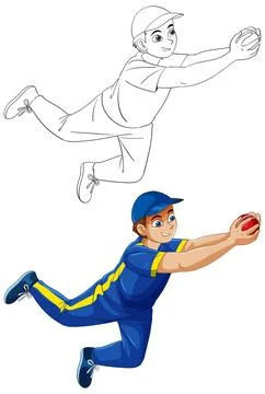 Young Cricket Player Diving to Catch Ball in Vector Illustration Stock Illustration
