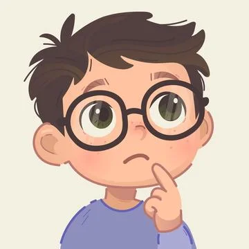 Young Curious Little cute Boy Thinking with Hand on Chin with glasses. flat vect Stock Illustration