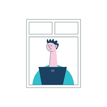A young, curly man or brunet boy sits by the open window behind a laptop or Ilustración de archivo