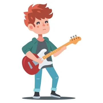 Young cute boy with guitar learns to play. young rocker. Stock Illustration