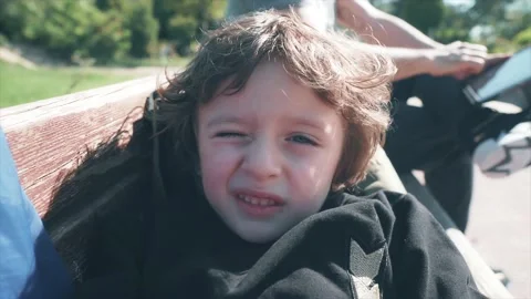 Young cute kid boy is lying in nature and smiling to camera. Happy, funny chi Stock Footage 131841474