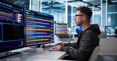 Young Cybersecurity Analyst Studies Network Data To Detect Cyber Threat Event Stock Photos