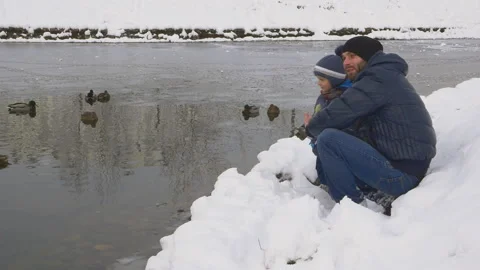 Young dad with his small son near winter lake looking at ducks slow motion Stock Footage 96453784