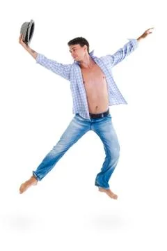 Young dancer jumping against isolated white Stock-Fotos