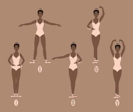 Young dancer shows the five basic ballet and dance positions, with correct pl Stock Illustration