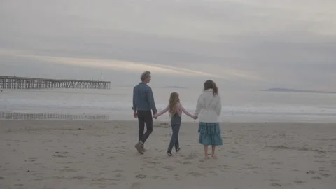 Young Daughter Walks Hand in Hand with Her Parents on the Beach Stock Footage 208799596