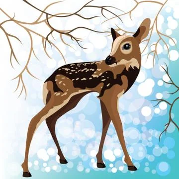 Young deer in a winter forest, vector illustration Stock Illustration