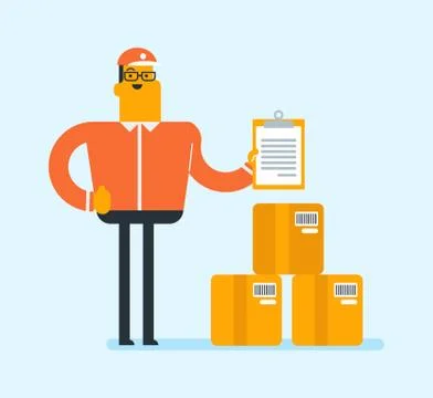 Young delivery man checking parcel with the list. Stock Illustration