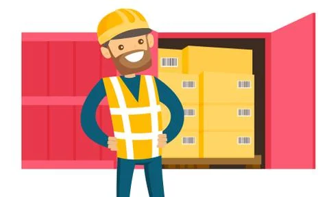 Young delivery man checking parcel with the list. Stock Illustration