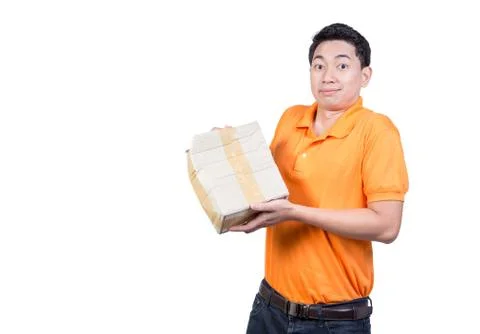 Young delivery man fragile box damaged hand holding package broken Stock Photos