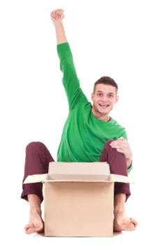 Young delivery man hold boxes. so funny. isolated white background. Stock Photos