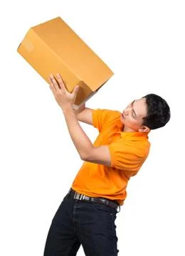 Young delivery man looking inside box open package doubt face empty box Stock Photos