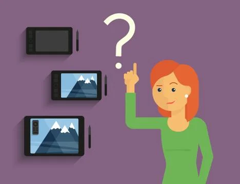 Young designer choosing between pen tablets what is better for her work Stock Illustration