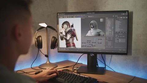 Young designer creates 3D model of game character using PC Stock Footage 281924756