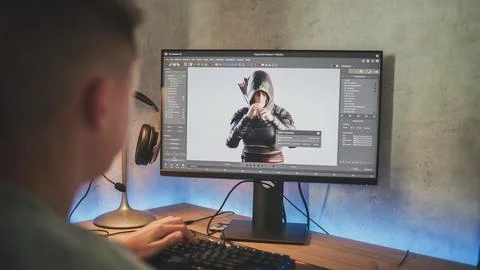 Young designer creates 3D model of game character using PC Foto stock