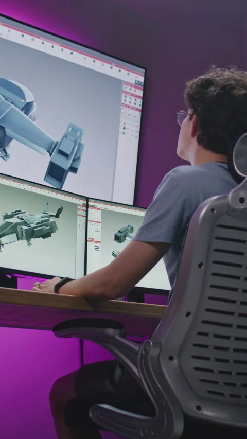 Young designer creates aircraft 3D prototype on PC Stock Footage 276097005