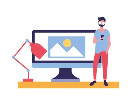 Young designer man with computer lamp Stock-Illustration