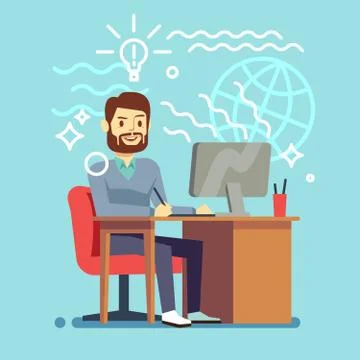 Young designer man working at computer. vector creative process concept Stock Illustration