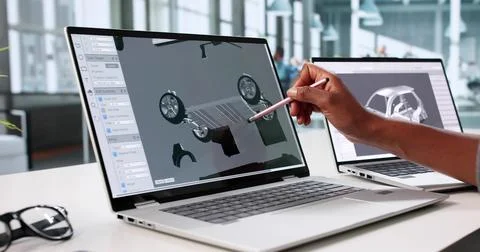 The Young Designer Perfecting A 3D Rendering Of An Electric Car On Her Laptop 写真素材