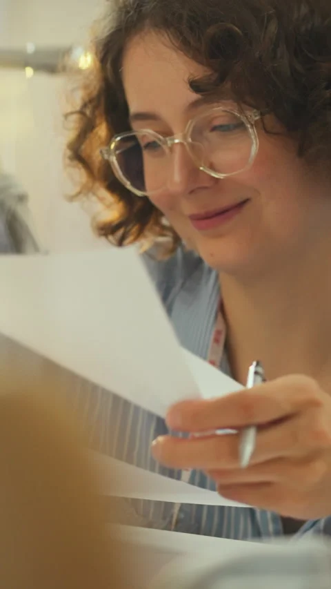 A young designer in a well-lit studio sits at a cluttered table reviewing sk Stock Footage 341283863