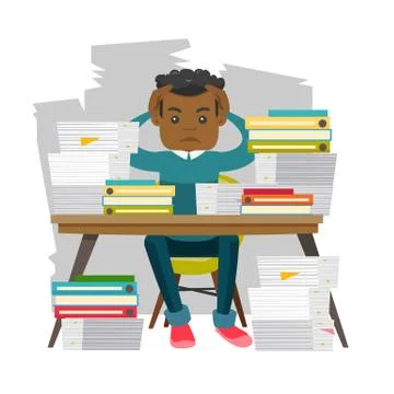 Young despair office worker with heaps of papers. Illustrazione stock
