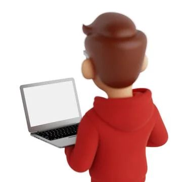 Young Digital Professional Working On Laptop. Cartoon Character In Red Hood.. Stock Illustration