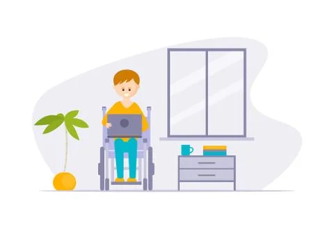 Young Disabled Man in Wheelchair Using Laptop Computer at Home Cartoon Vector Stock Illustration