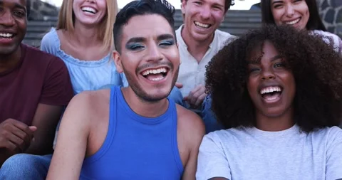 Young diverse people having fun outdoor laughing together - Diversity concept Stock Footage 158223396