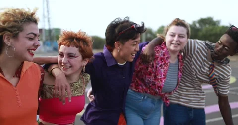 Young diverse people having fun outdoor laughing together Stock Footage 185508256