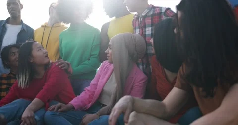 Young diverse people having fun outdoor laughing together - Diversity concept Stock Footage 192385885