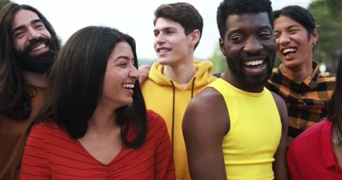 Young diverse people having fun outdoor laughing together - Diversity concept Stock Footage 192385976