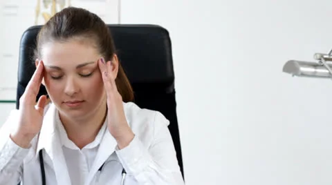 Young doctor has head ache in office - tracking shot Stock Footage 22904842