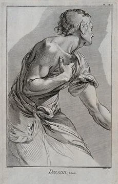 A young draped man looking backwards. Engraving by Defehrt after A. Carracci. Stock Illustration