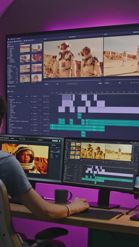 Young editor, video maker edits movie on computer at home Stock Footage 276087075