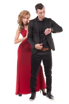 Young elegant couple dancing, isolated on white Stock Photos