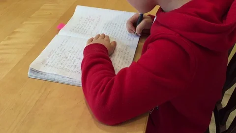 Young elementary school boy hand writing homework Stock Footage 128614914