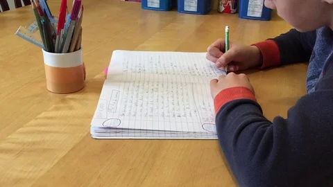 Young elementary school boy hand writing homework Stock Footage 128615995