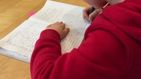 Young elementary school boy hand writing homework Stock Footage 128616219
