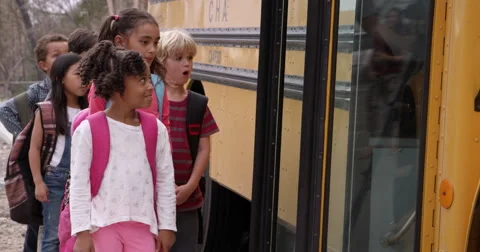 Young elementary school kids boarding a school bus Stock Footage 64409446