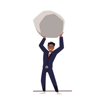 Young energetic man is pushing gray stone, a boulder. Businessman moving towards Stock Illustration