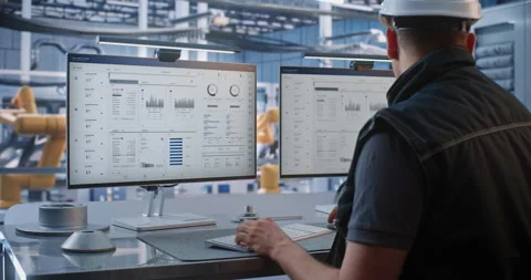 Young Engineer Analyzing Telemetry Data and Robotic Car Production Feeds in Stock Footage 344395225
