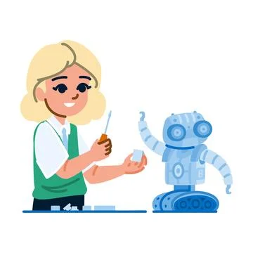 Young engineer building a robot using a screwdriver and spare parts Illustrazione stock