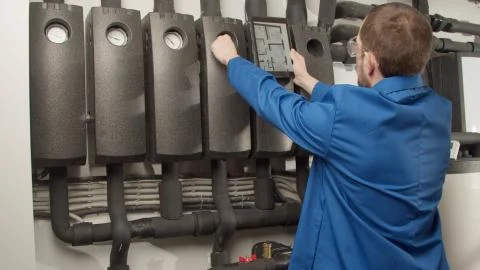 Young engineer checking new equipment with controller Stock Photos