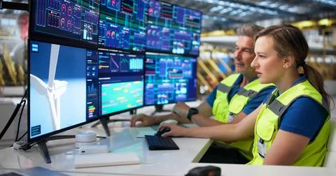 Young Engineer Is Designing A 3D Wind Turbine On Computer Screen. 写真素材