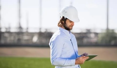 Young engineer with hard hat standing outdoors by oil refinery, using tablet. Stock Photos
